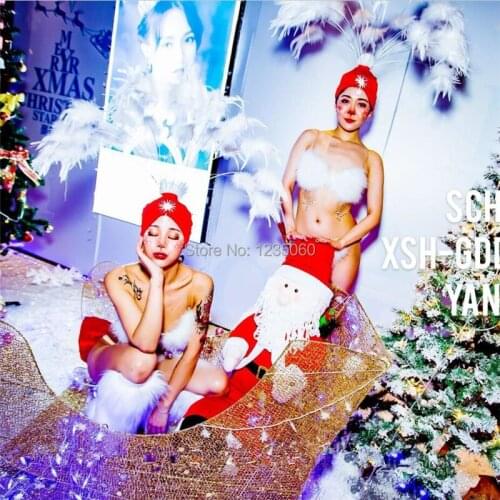 WYY Nightclub Catwalk Show Models Sexy Lady Cute Costume With Feather Headwear Christmas Valentines Day Bikini Dance Suit Cloak