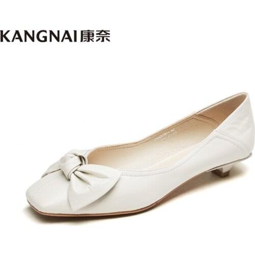 KANGNAI Women Shoes Genuine Leather Fashion Bow Knot Square Toe Slip-On Low Heels Shoes Female