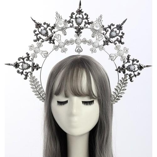 Silver Halo Crown Headband for Women Baroque Halloween Headdress Lolita Aperture Princess Headdress Hair Hoop Handmade