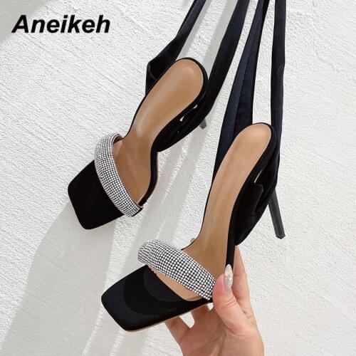 Aneikeh 2021 Shoes For Women Summer Sexy Concise Open Toe Crystal Bordered High Heel Ladies Party Sandals Ankle Cross-Tied 35-41
