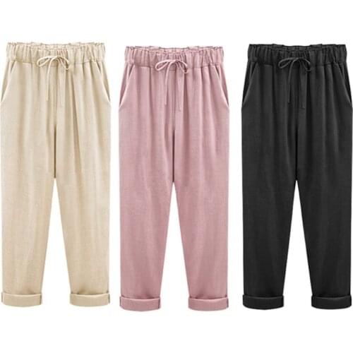 Women Plus Size Cuffed Ankle Length Cropped Pants Solid Color Loose Casual Harem Trousers Drawstring Waist Thin Streetwear M-5XL