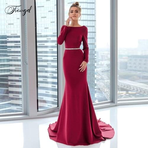 Traugel Scoop Mermaid Formal Evening Dresses Long Sleeve Backless Beading Sweep Train Long Prom Party Gown for Women Plus Size