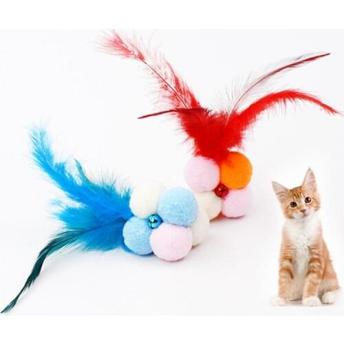 1pc Cat Toy Colorful Pompom Fake Feather Bell Decor Cat Training Toy Pet Sound Toys Pet Supplies Random Color