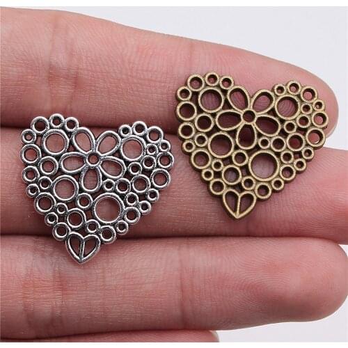 WYSIWYG 10pcs 23x25mm 2 Colors Filigree Flower Heart Charms Hollow Flower Heart Charm Pendant
