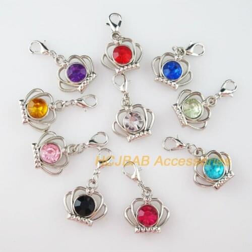 10Pcs Dull Silver Plated Mixed Crystal Crown Charms With Lobster Claw Clasps 19mm