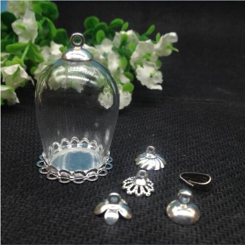 100sets 30x18mm Transparent oval-shaped glass globe bubble silver doule lace tray vial pendant craft charm necklace jewelry