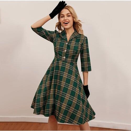 2020 Turn-Down Collar Button Up Green Plaid Women Dresses Pin Up Vintage Robe Elegant Spring Clothes Retro 50s 60s Swing Dresses
