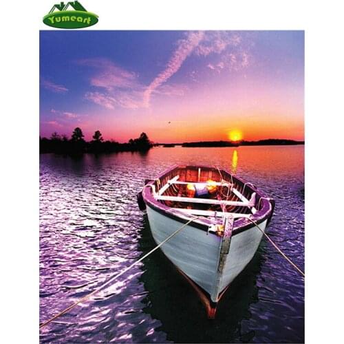 5D Diy Wall Art Picture Sea Lake White Boat Pasted Mosaic Handmade Sunset Seascape Cross Stitch Diamond Crystal Embroidery Kits