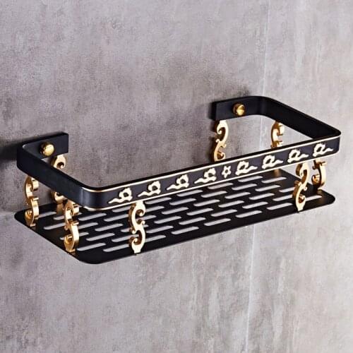 Bathroom shelf Aluminum Corner Shelf Soap Holder Square Bath Shower Shelf bath shampoo Holder Wall Mounted Black and Gold Carved