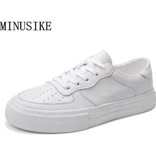 White Casual Shoes Genuine Leather Men Loafers Casual Sneakers Simple Lace-up Flats Men Outdoor Sneakers