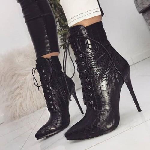 IPPEUM Snakeskin Grain Ankle Boots For Women High Heels Fashion Pointed Toe Ladies Sexy Shoes 2021 New Lace-Up Boots Size4-10