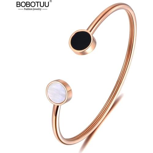 BOBOTUU Trendy Stainless Steel Bangle White & Black Shell Rose Gold Color Bracelet & Bangle Simple Design Chirstmas Gift BB18175