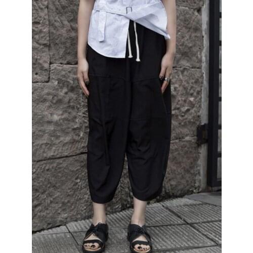 Spring and Autumn womens new neutral style nine points casual pants splicing design of pure color loose straight pants