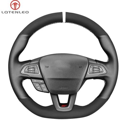 LQTENLEO Black Genuine Leather Suede Steering Wheel Cover For Ford Focus (RS | ST | ST-Line) Kuga (ST-Line) Ecosport (ST-Line)