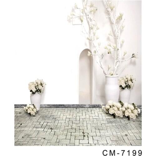 Pure White Indoor Backdrop Flowers Wedding Photo Background Grey Brick Floor for Photocall Digital Backdrop 200x300cm