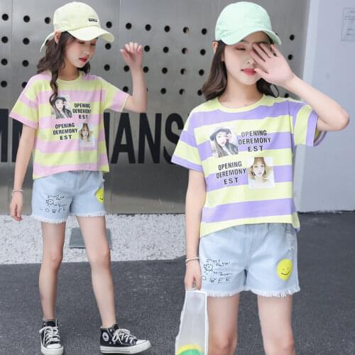 Kids Baby sexy Girls clothes sexy teenager Vertical stripes T shirt + hot jeans Shorts pants 3 4 5 6 7 8 9 10 11 12 years