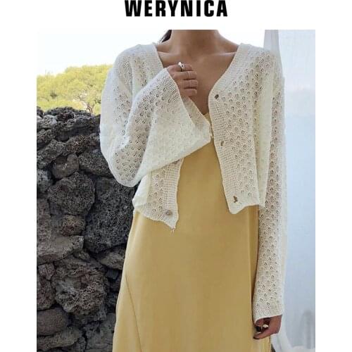 Werynica Womens Cardigan Knitted Long Flare Sleeve Crochet Female Cardigan With Ice thin Buttons Short Sweater Women Cardigans