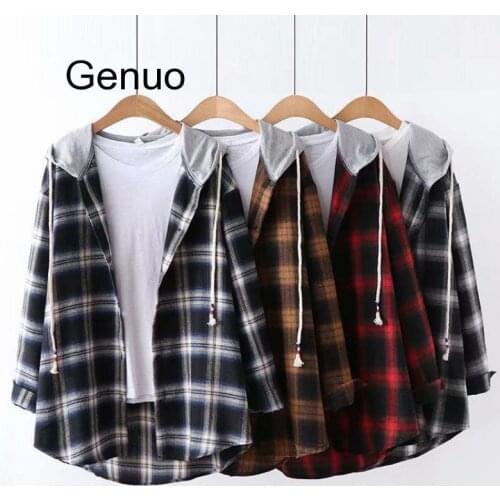 Korean Streetwear Hoodies Oversize Hoodie Womens Hooded Patchwork Chic Plaid Long Sleeve Shirt Casual Button Women Sweatshirt