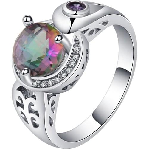 Hainon Hot Luxury Big Rainbow Natural Stone Ring Vintage Crystal Antique Rings For Women Silver Color Party Gift rings Jewelry