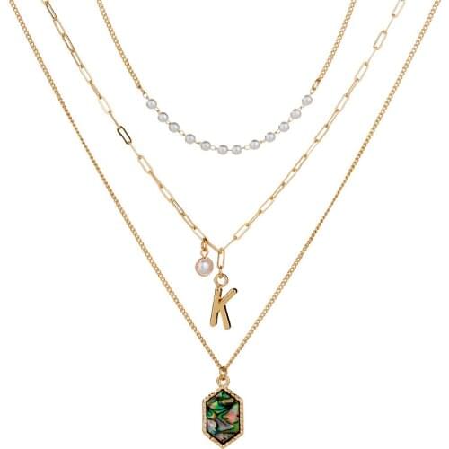 Multilayer Chain Resin Abalone Shell Hexagon Pendant Pearl Beads Letter Bauble Charm Necklace Jewelry for Women Girl Party Gift