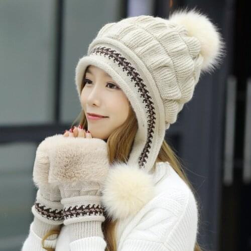 Fashion Womens Winter Hat Female Add Fur Lining Knitted Hat With Gloves Set Pompoms Ball Beanie Cap Girls Thick Warm Beanie Hat