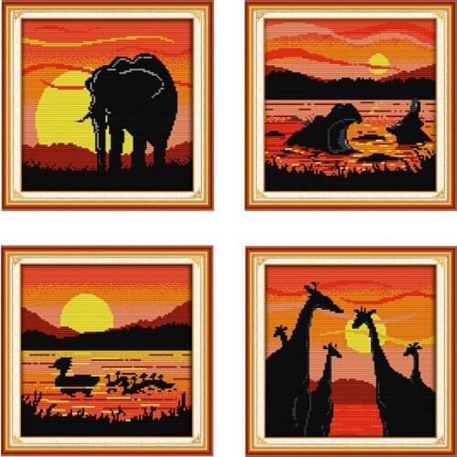 Beautiful sunset animal cross stitch kit elephant hippo duck giraffe pattern handmadeDIY embroidery kit home decoration painting