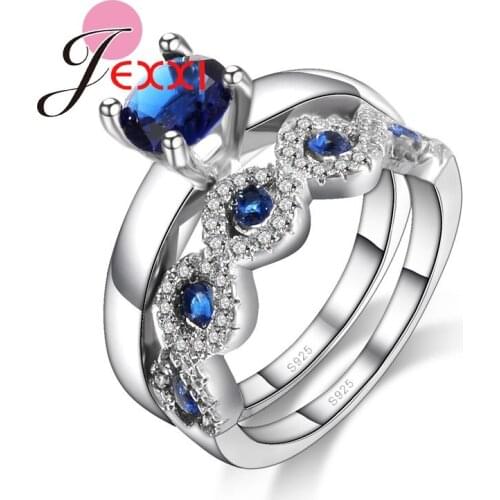Charming Rings Set 2 PCS With Elegant Blue Cubic Zirconia Crystal Wholesale 925 Sterling Silver Fashion Jewelry Romantic