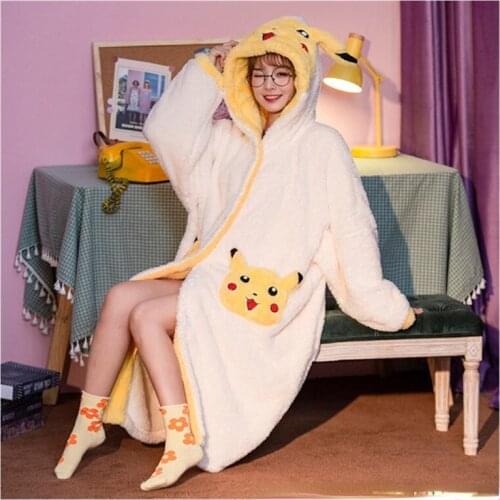 New Pokemon Pikachu Coral Fleece Pajamas Winter Thickening Nightgown Ladies Cute Cartoon Anime Women Home Clothes To Keep Warm