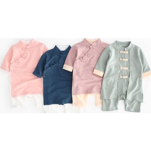 Solid Color Baby Jumpsuits Cotton Baby Boy Girl Rompers Three Button Han Chinese Tradional Costume Five Multicolors