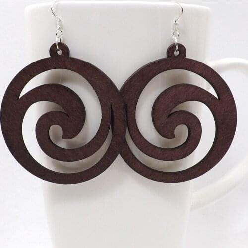 12 Pairs Good Quality Wood Earrings Organic Round Flower brown Hollow African Woman Wooden Brincos Pendant 5.5cm