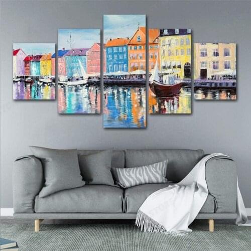 Sailboats Town Printed Poster Modular Framed 5 Panel Modern Canvas Wall Art Paintings Pictures Artworks