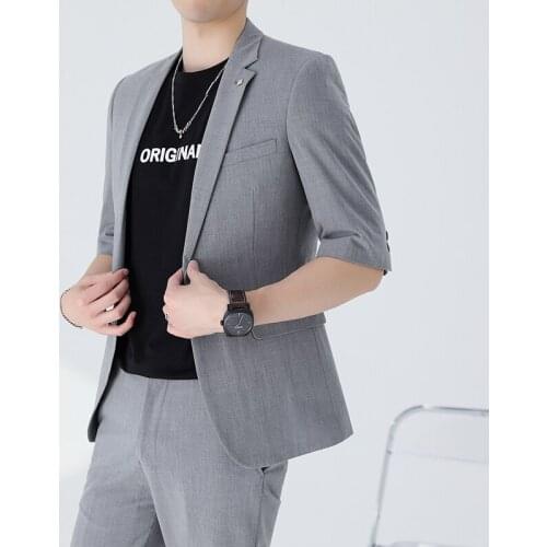 Jacket+Pants) Summer Mens Half Sleeve Wedding Suit Male Luxury Brand Slim Casual Gray Tuxedo 2-piece suit Masculino Smocking