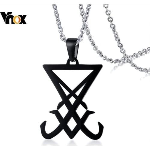 Vnox Casual Mens Necklace Black Stainless Steel Seal of Lucifer Pendant Stylish Satanic Satan Faith Jewelry