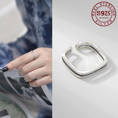 Real 925 Sterling Silver Rings Square Opening Women Silver Ring Minimalist Resizable Retro Silver Ring Party Women Jewelry