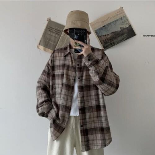 Spring Plaid Shirt Mens Fashion Contrast Cotton Retro Casual Shirt Men Streetwear Wild Loose Long Sleeve Shirt Mens M-XL