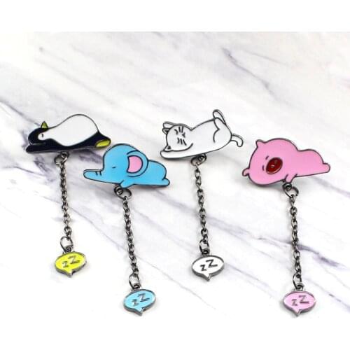 Cartoon Cat Elephant Penguin Enamel Pins Chain Dinosaur Panda Cute Badge Brooches Denim Shirt Lapel Pin Custom Animal Jewelry