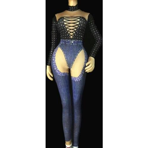 Sexy Jeans Printed Jumpsuit Photo Shoot Outfit Stage Dance Stretch Bodysuit One-piece Costume Female Singer Performance DNV10006