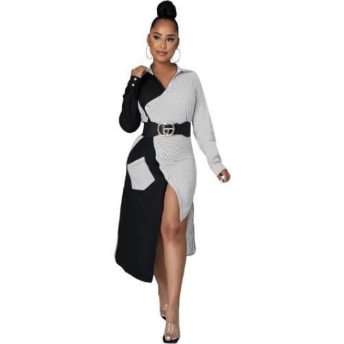 Vintage Dress Irregular Striped Shirt Dress Womens Autumn 2021 New Slim Sexy Long-Sleeved Cardigan Long Shirt Skirt Vestidos