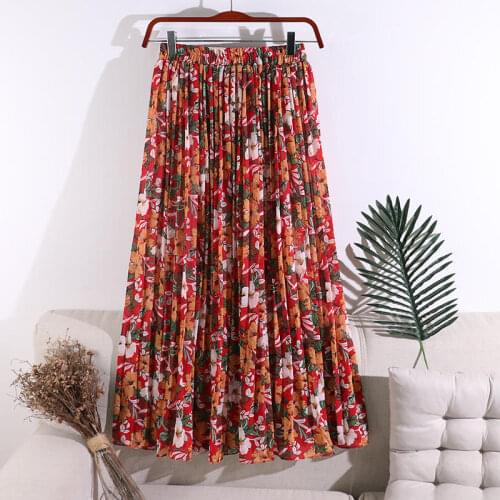 2020 New Spring Summer Plus Size Retro High Waist Pleated Skirt Women Floral Chiffon Maxi Long Skirts Womens HK298