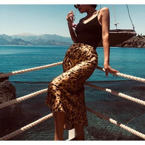 Qualities Women 100% Silk Leopard Print Elastic High Waist Yellow Midi Skirt With Mermaid Detail