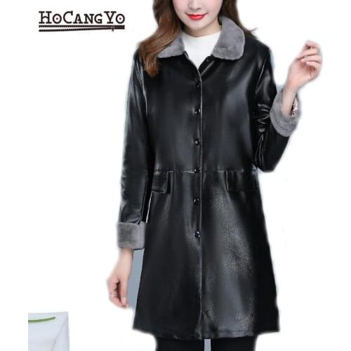 Winter Womens Long Leather Jackets Plus Size Thick Warm Lambskin Leather Jackets Women Winter Coat Long Sleeve Faux Leather Coat
