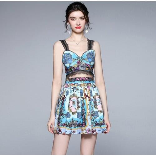 Summer Bohemian Holiday Beach Skirts 2 Pieces Set Women Floral Printed Suspenders Crop Top & High Waist Pleated Mini Skirt Suit