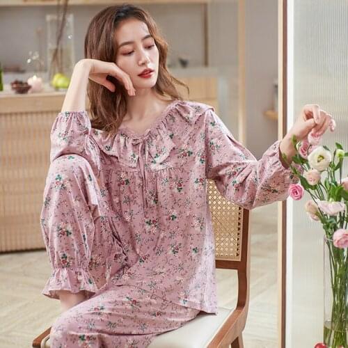 Plus Size M-XXXL Women V-Neck Pajamas Sets Soft Nightwear Autumn Cotton Pyjamas Small Flower Sleepwear Female Pijamas Mujer