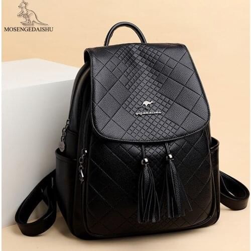 Genuine Leather Womens Backpack Luxury Brand Tassel School Backpacks Diamond Lattice Lady Bookbag Teenage Girls Fashion Mochila