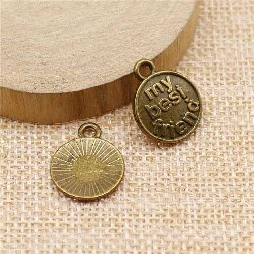46pcs 15mm antique bronze my best friend round tag charms diy retro jewelry fit Earring keychain hair card pendant