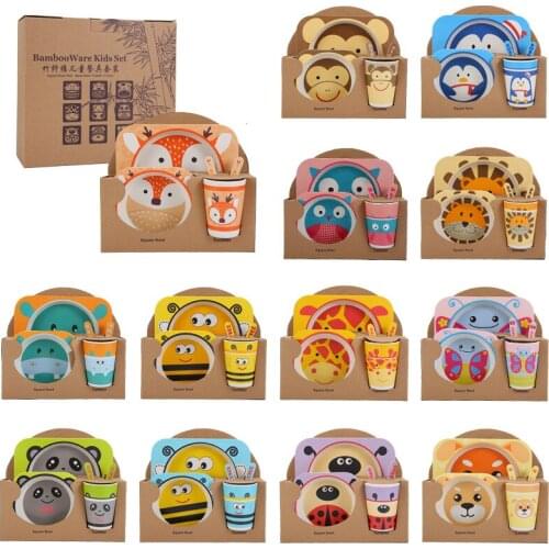 5pcs/sets Baby Dish Tableware Set Natural Bamboo Fiber Bowl With Cup Spoon Plate Fork Feeding Dishes for Kids Utensils Wholesale