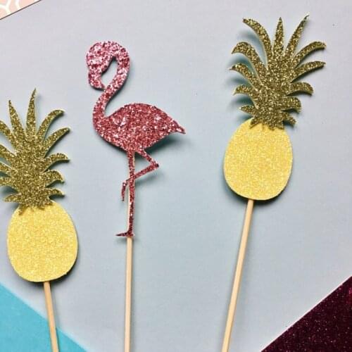 Glitter Flamingo & Pineapple wedding birthday cupcake toppers Hawaiian Luau party decoration doughnut picks