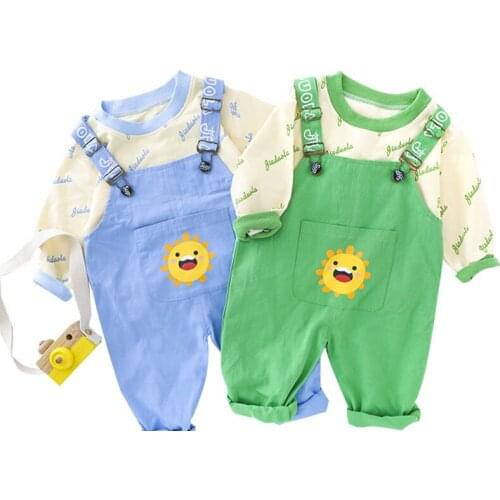 Boys And Girls Round Neck Long Sleeve Blouse Bib 2Pcs Suit Children Casual Clothing Baby Kids Letter Sweater Cartoon Jumpsuit