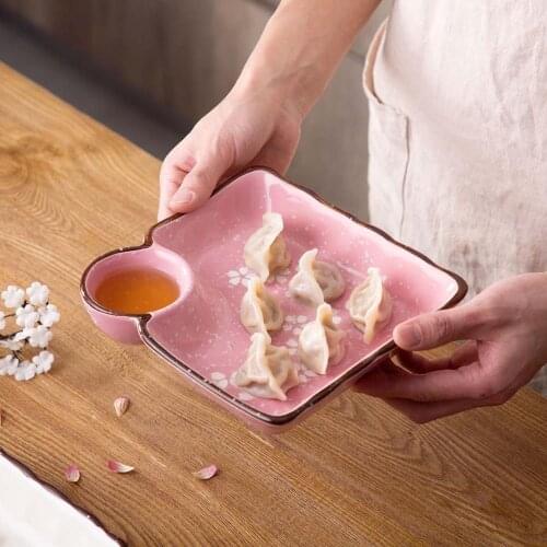 Japanese-style Cherry Blossoms Ceramics Dumpling Dish Large Dumpling Plate With Vinegar Dish TablewareHousehold Fruit Tray