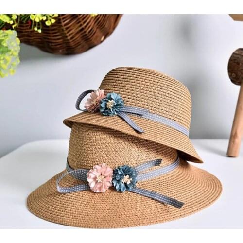 Coreano Laço de Fita Dupla flor Chapéu Pai-Filho Chapéu Do Bebê Meninas Da Praia Chapéus de Palha das mulheres chapéu de sol